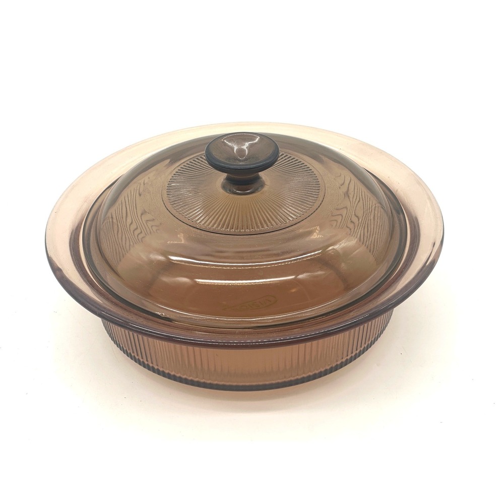 Vintage Corning Visions 1.5 Qt Amber Glass Casserole V-32-B Ribbed Pyrex Lid
